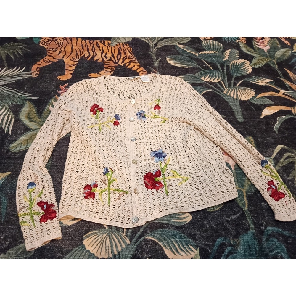 Vintage Capacity Open Knit Linen Granny Sweater Floral Women's L  Cottagecore